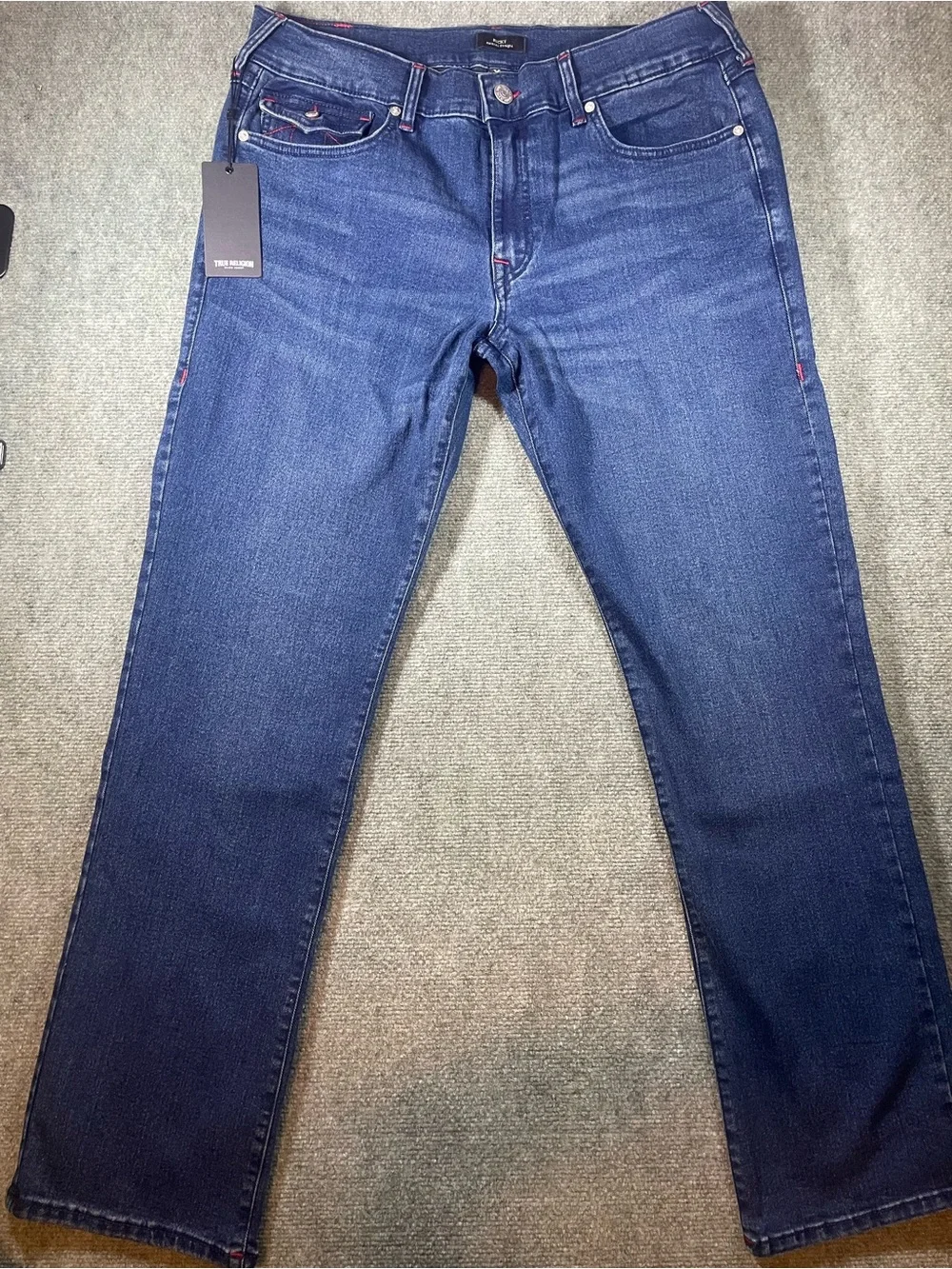 True Religion Ricky Men's Straight Jeans in Dark Blue with Red Accents